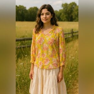 Rachel Rachel Roy Floral Blouse Yellow Pink 3/4 Sleeve Tie-Sleeve Size Small